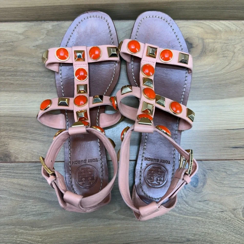 Tory Burch Coral Studded Caged Sandals 9 M Leather Gold Square Toe Ankle Strap
